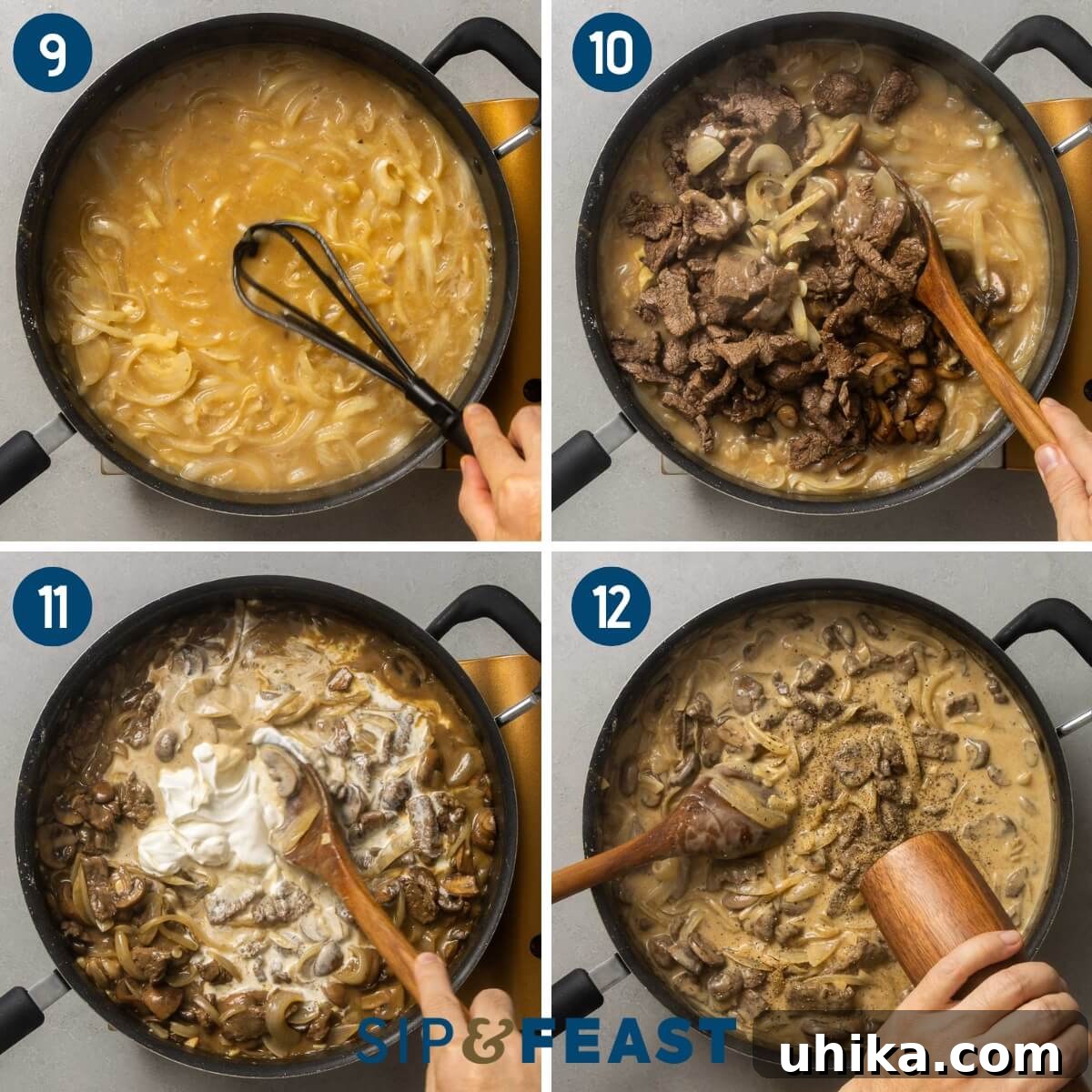 Velvety Beef Stroganoff 6 Recipe collage number three showing whisking in beef stock, and simmering stroganoff sauce with sour cream.