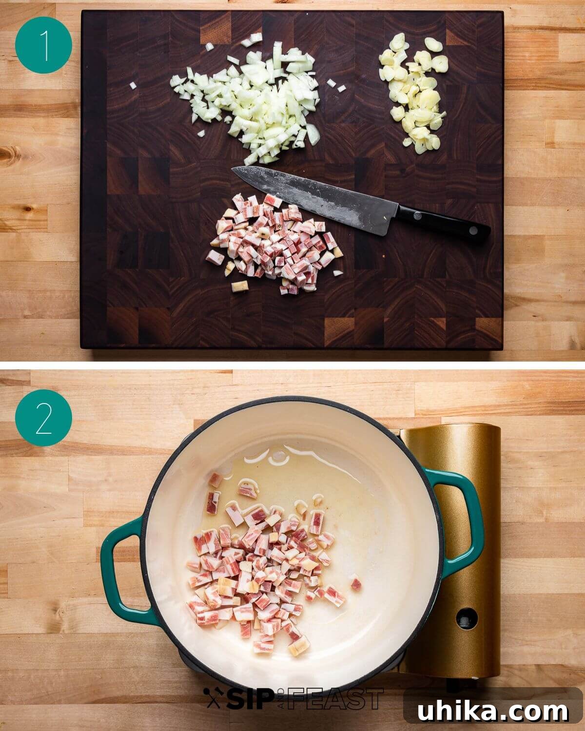 Pasta e Fagioli: Italy's Soul-Warming Classic 5 Collage showing the first stages of Pasta e Fagioli preparation: dicing ingredients and sautéing pancetta with onions and garlic.