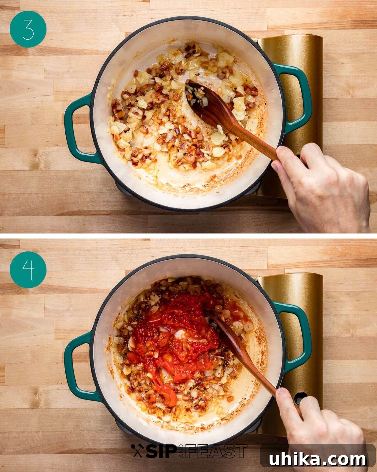 Pasta e Fagioli: Italy's Soul-Warming Classic 6 Collage illustrating the process of adding tomatoes, water, beans, rosemary, and Parmigiano rind to the pot, followed by simmering.