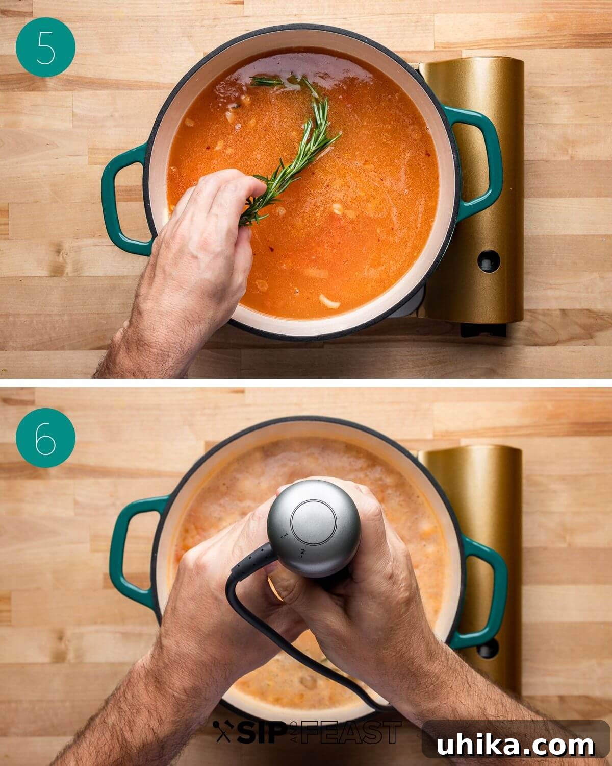 Pasta e Fagioli: Italy's Soul-Warming Classic 7 Collage showing the beans being mashed against the pot side to create a creamy texture, and then the ditalini pasta being added to cook.