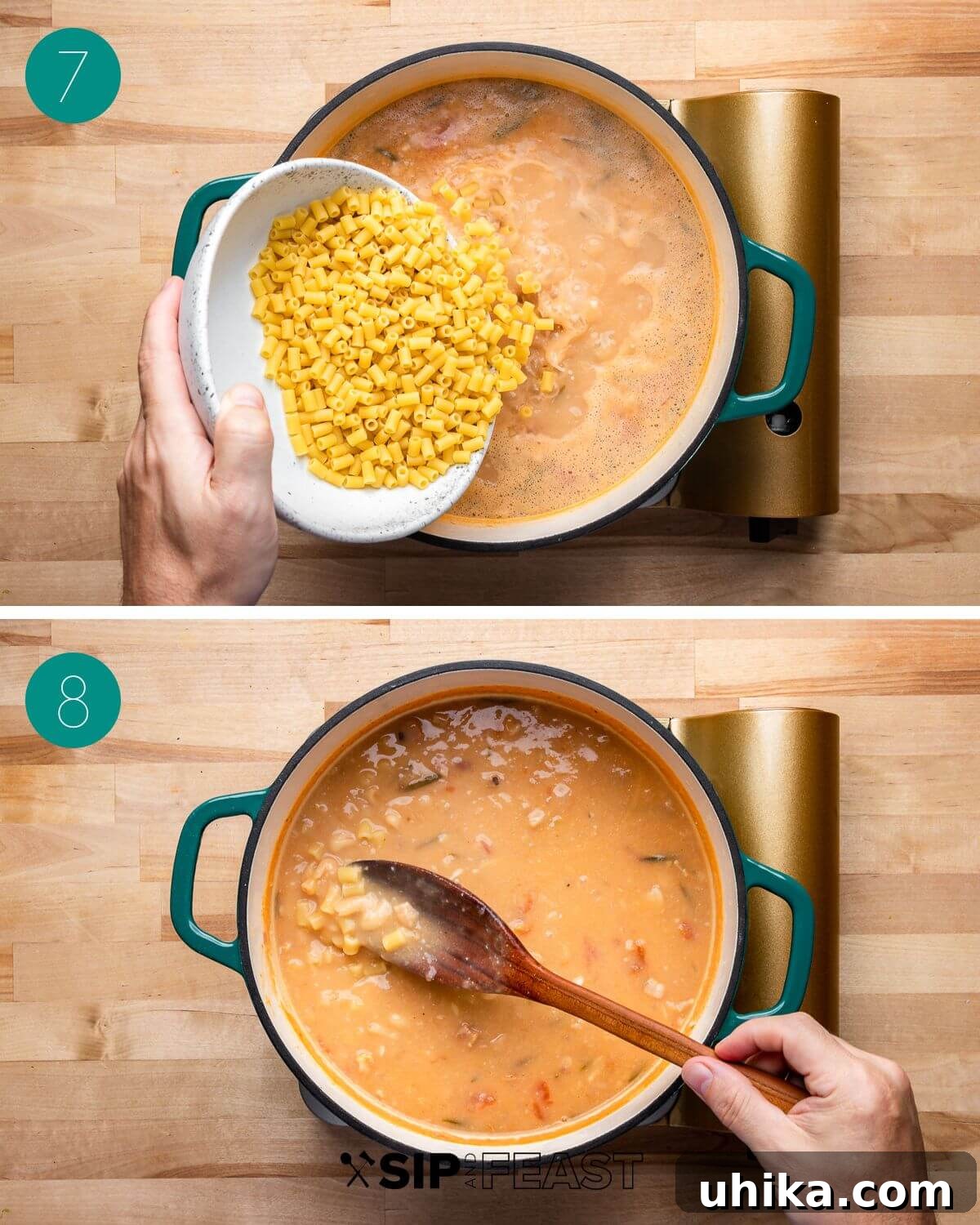 Pasta e Fagioli: Italy's Soul-Warming Classic 8 Collage depicting the final stages: seasoning the cooked Pasta e Fagioli and serving it in a bowl garnished with fresh herbs and cheese.