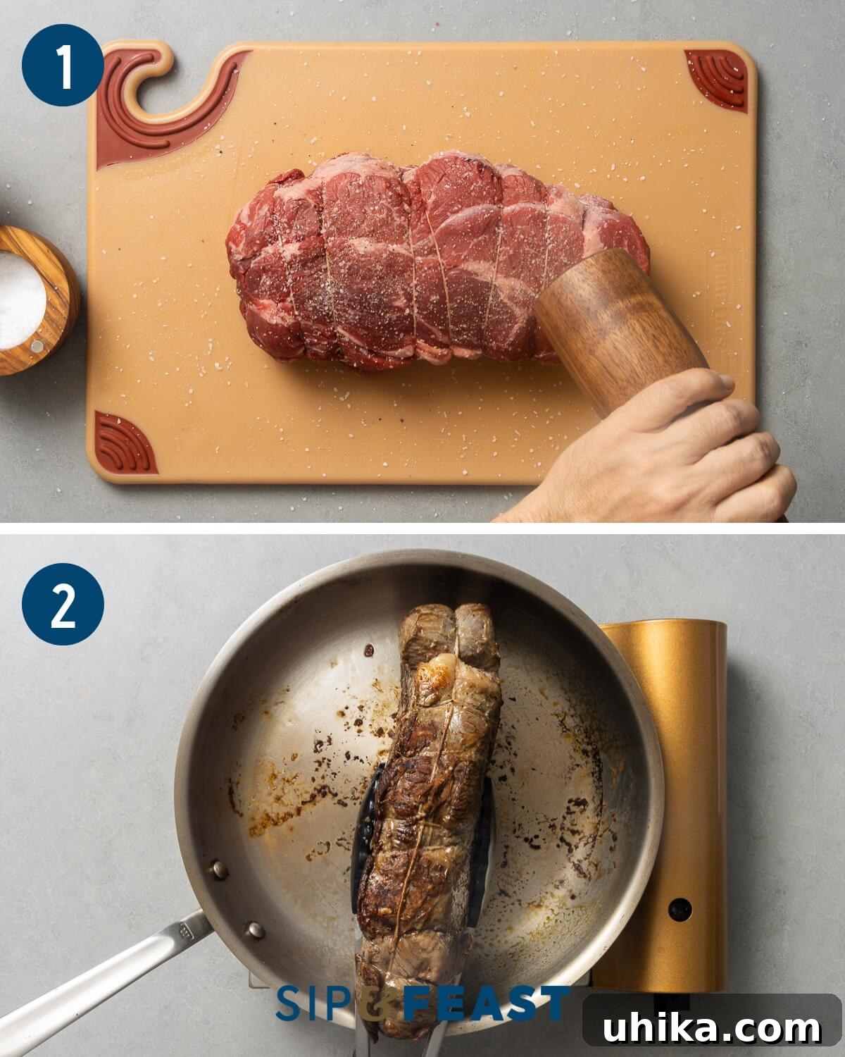 Fall-Apart Tender Beef 5 Pot roast recipe collage group one showing seasoning of chuck roast with salt and pepper and searing the roast in a pan.