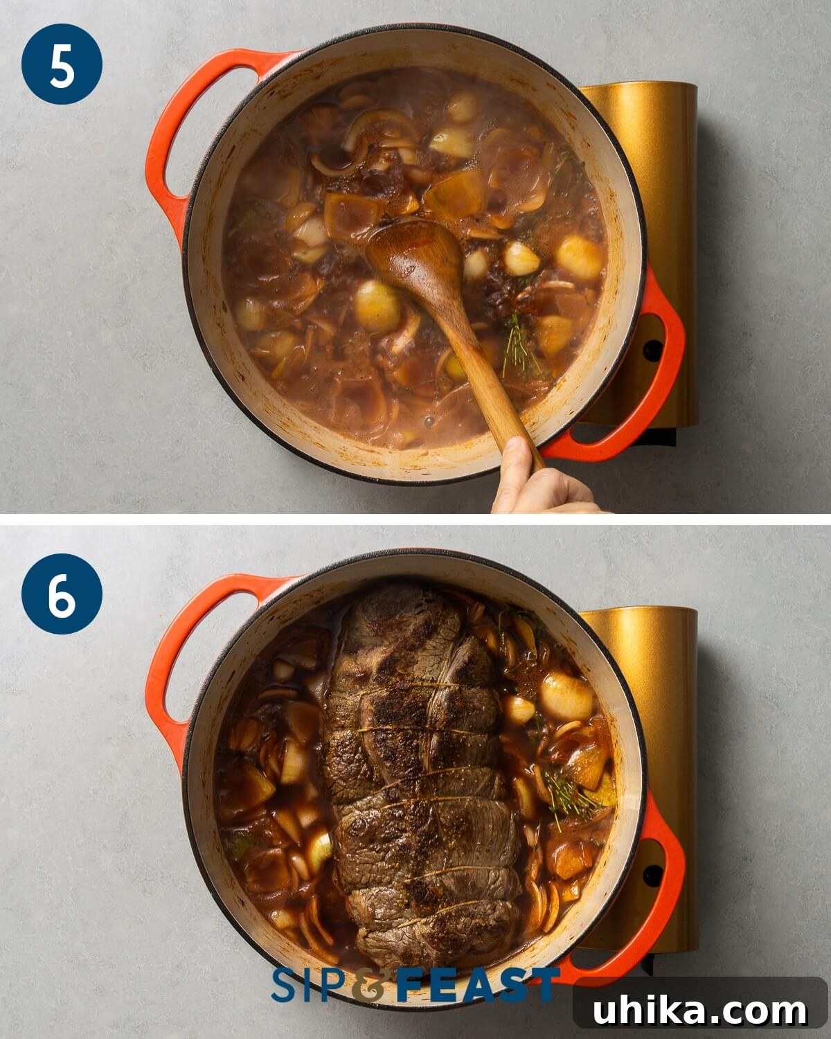 Fall-Apart Tender Beef 7 Recipe collage group three showing bringing the sauce to a simmer, and adding the seared chuck roast to the pot.