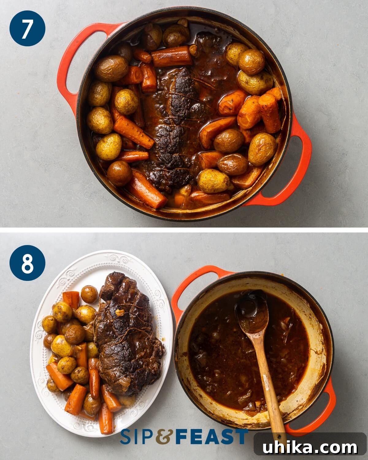 Fall-Apart Tender Beef 8 Recipe collage three showing the cooked carrots, potatoes, and pot roast, and separating the roast and veggies to a platter and the thickened sauce in the pot.