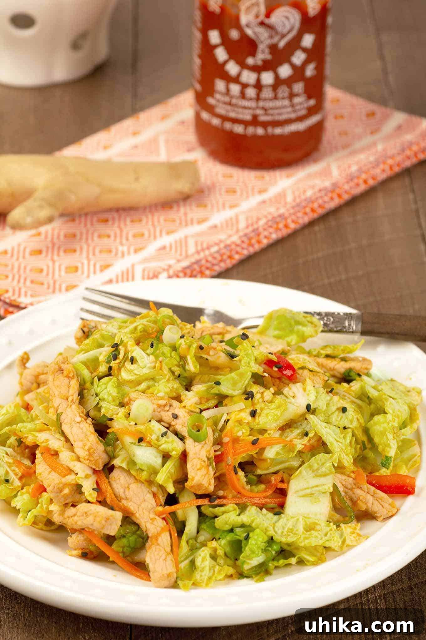 A vibrant, spicy main-dish salad featuring tender stir-fried pork, crisp napa cabbage, shredded carrots, bright red bell pepper, and fresh scallions. The background hints at an Asian-inspired setting with a sriracha bottle and fresh ginger.