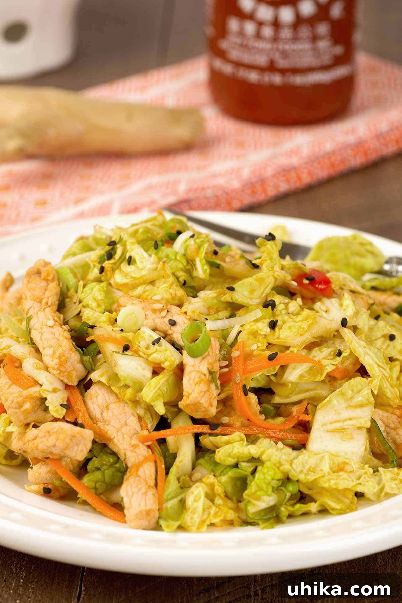 Close-up of a vibrant and spicy main-dish salad featuring tender stir-fried pork over a bed of crisp napa cabbage, shredded carrots, red bell pepper, and scallions. The background has a bottle of sriracha and a knob of ginger, emphasizing its fresh, Asian-inspired flavors and low-carb appeal.
