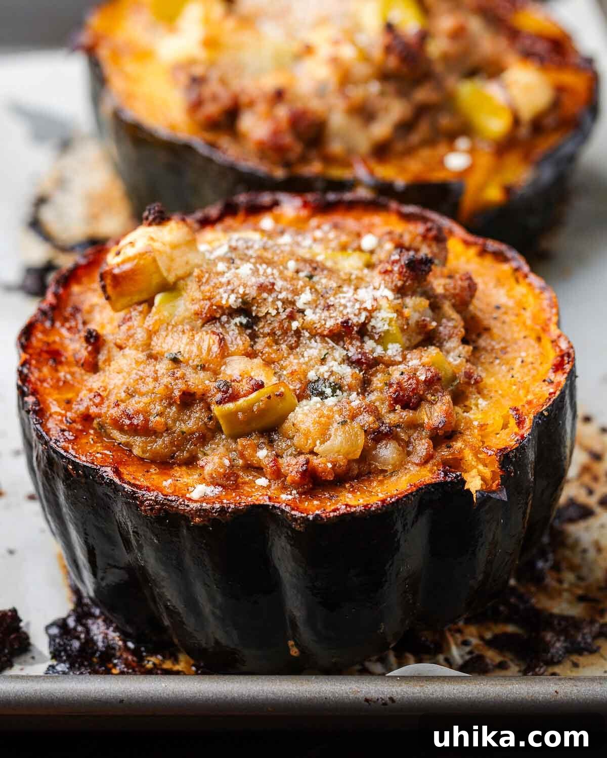 Savory Sausage and Acorn Squash Bake 2 Sausage stuffed acorn squash on baking sheet.
