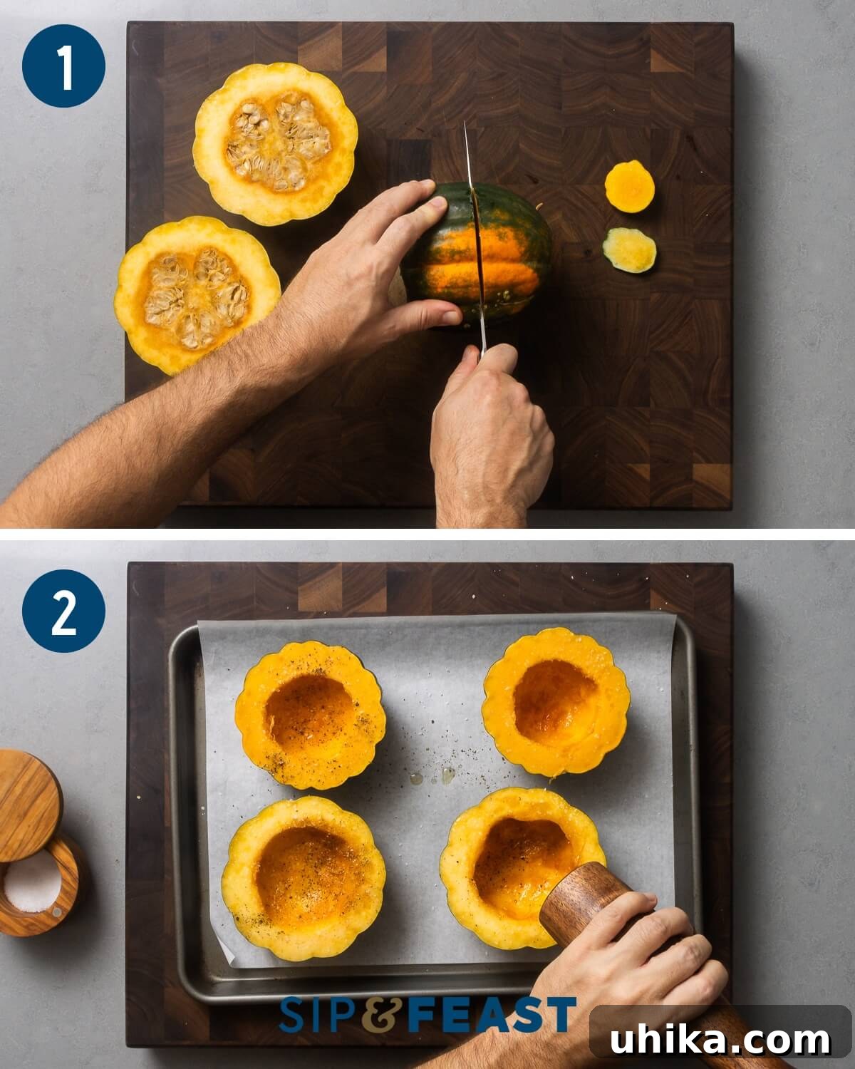 Savory Sausage and Acorn Squash Bake 4 Stuffed acorn squash recipe collage group one showing cutting and seasoning of acorn squash.