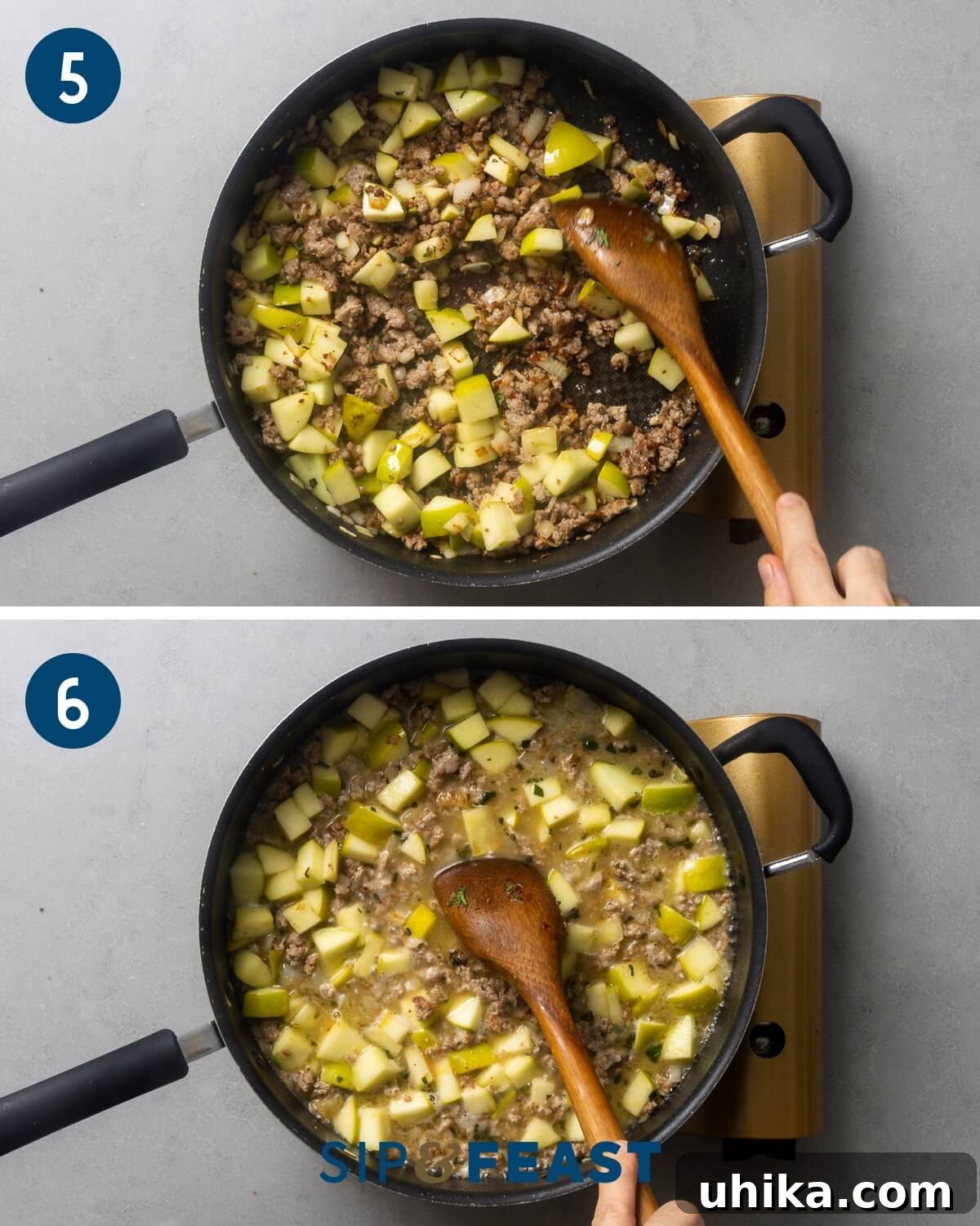 Savory Sausage and Acorn Squash Bake 6 Recipe collage group three showing sauteing of sausage with apples and adding chicken stock to the pan.
