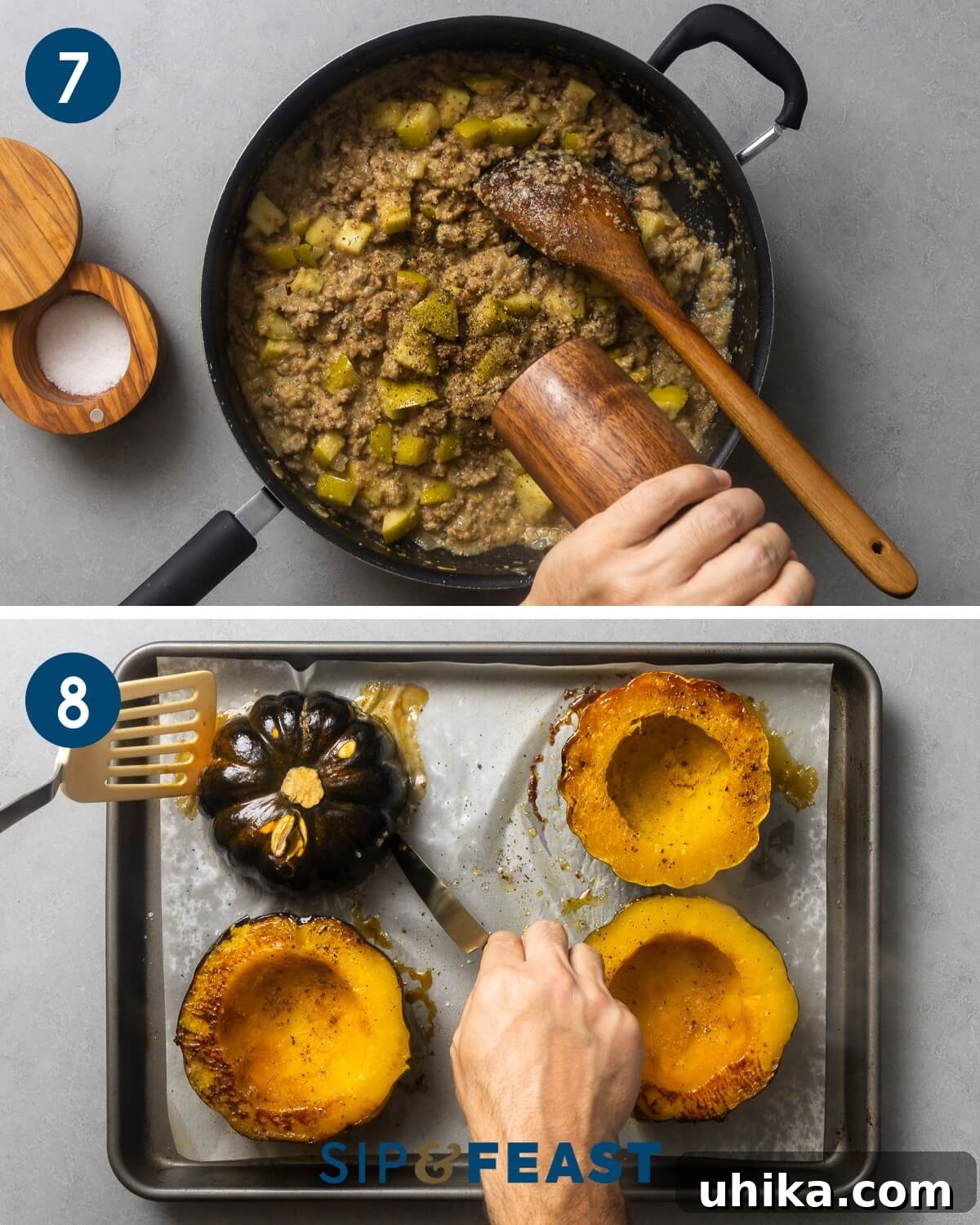 Savory Sausage and Acorn Squash Bake 7 Recipe collage four showing seasoning the stuffing and flipping the baked acorin squash halves over with spatula.