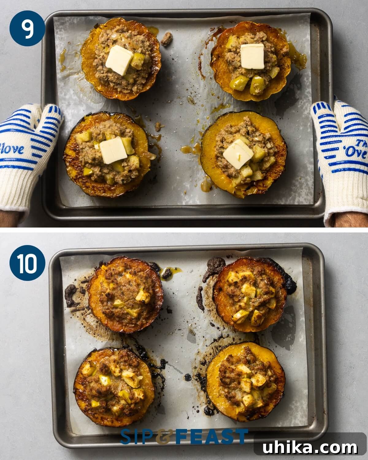Savory Sausage and Acorn Squash Bake 8 Recipe collage group five showing filling the acorn squash and topping with butter and a pic of the final product.