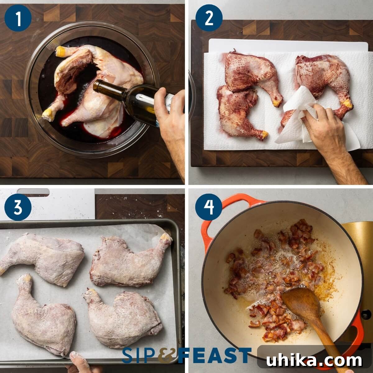 Classic French Wine-Braised Chicken 3 Coq au vin recipe process collage number one showing marinating chicken in red wine, flouring the chicken, and sauteing bacon.