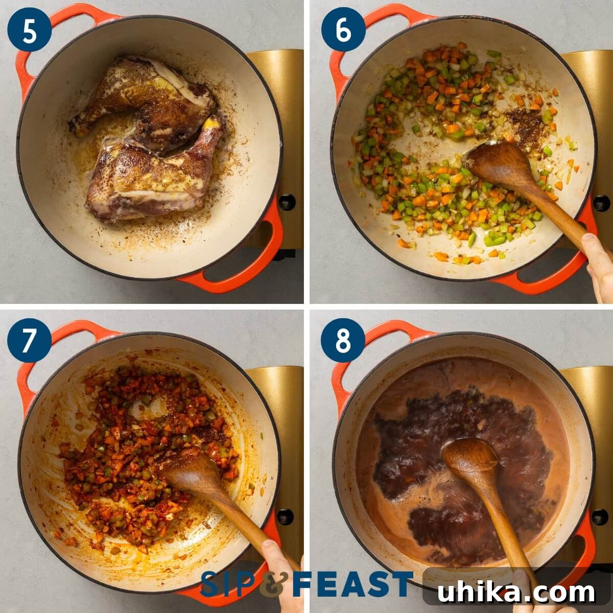 Classic French Wine-Braised Chicken 4 Recipe collage two showing searing chicken in Dutch oven, sauteing mirepoix, and boiling with red wine.