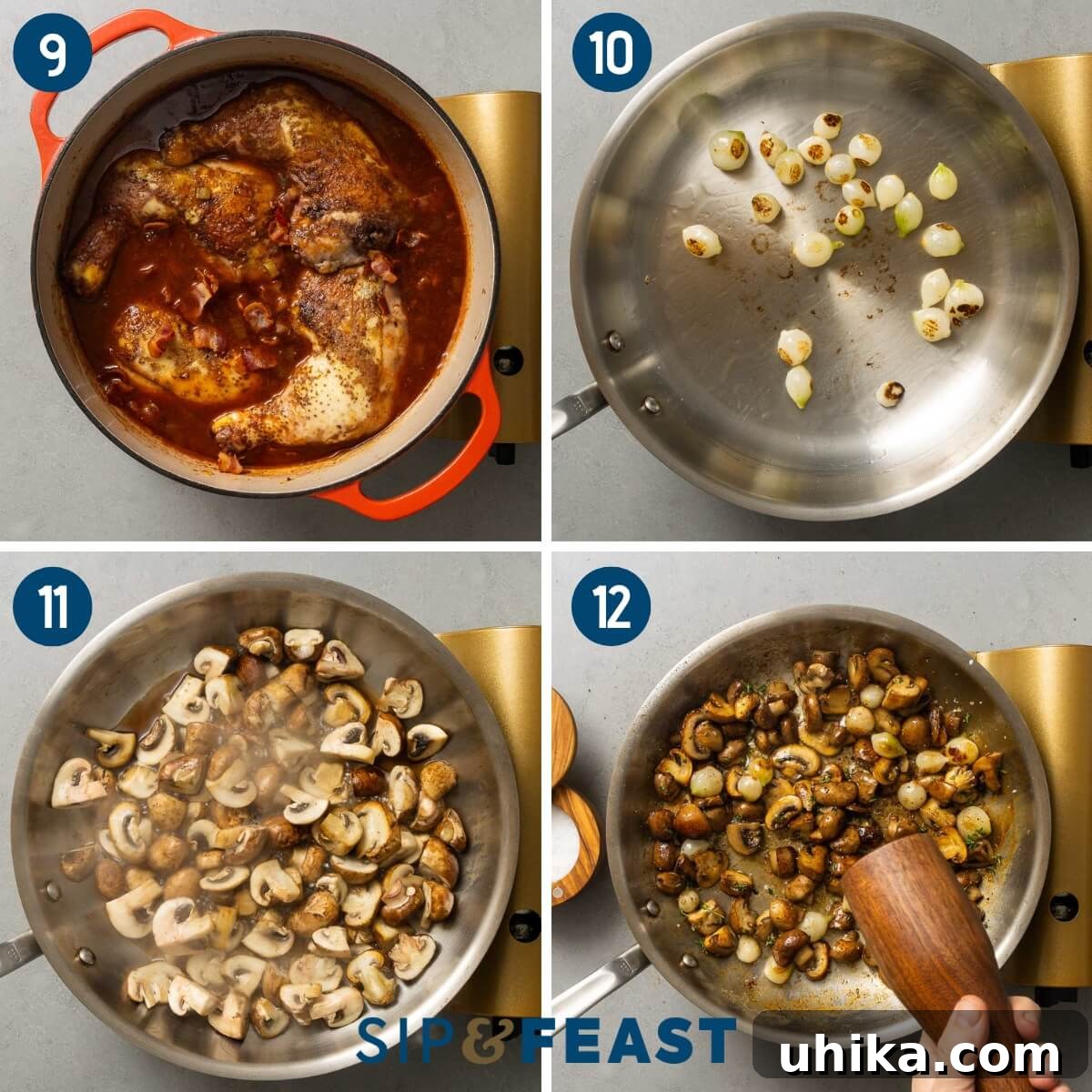 Classic French Wine-Braised Chicken 5 Recipe collage three showing adding chicken to Dutch oven with red wine, sauteing pearl onions, and sauteing mushrooms with butter.