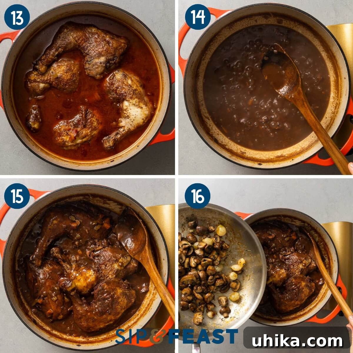 Classic French Wine-Braised Chicken 6 Recipe collage four showing chicken after braising, reducing sauce, adding chicken back to reduced sauce, and adding sauteed mushrooms to the pot.