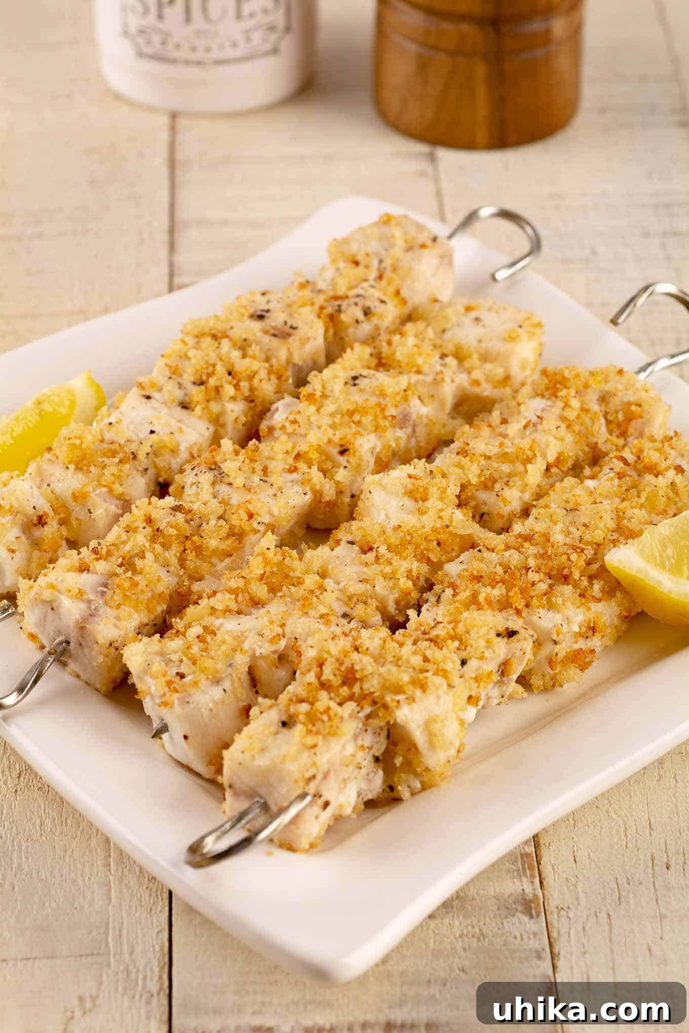 Lemon-Garlic Crusted Swordfish Skewers 2 A vibrant platter showcasing grilled swordfish spiedini, elegantly rolled in golden, toasted panko crumbs infused with fresh garlic and bright lemon zest. Each skewer holds succulent chunks of firm white fish, promising a delightful culinary experience.
