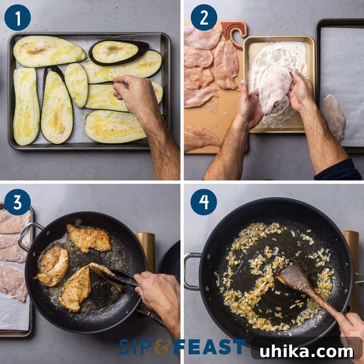 Classic Chicken Sorrentino 4 Step-by-step process collage for Chicken Sorrentino: showing seasoned eggplant slices, flouring chicken cutlets, searing chicken in a pan, and sautéing onion and garlic.