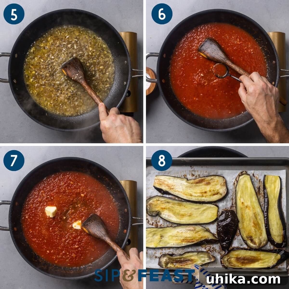 Classic Chicken Sorrentino 5 Recipe process collage displaying deglazing the pan with wine and stock, taste testing the finished sauce, adding butter for richness, and prepared roasted eggplant slices.