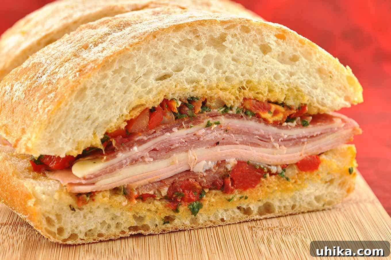 Vibrant Mediterranean Muffuletta 2 Close-up of a Mediterranean Muffuletta sandwich layered with cured meats, cheese, and olive tapenade on crusty ciabatta bread.