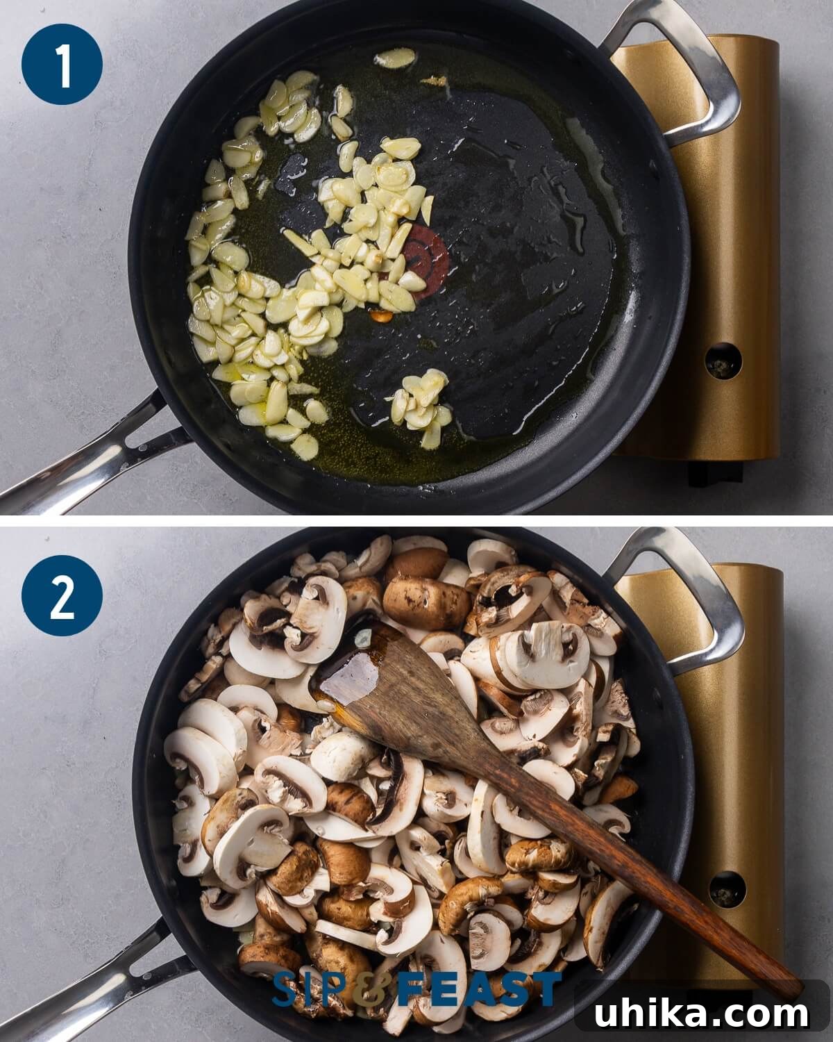 Luscious Garlic Mushroom Pasta 5 Collage of recipe process shots: sauteing garlic and adding mushrooms to the pan.