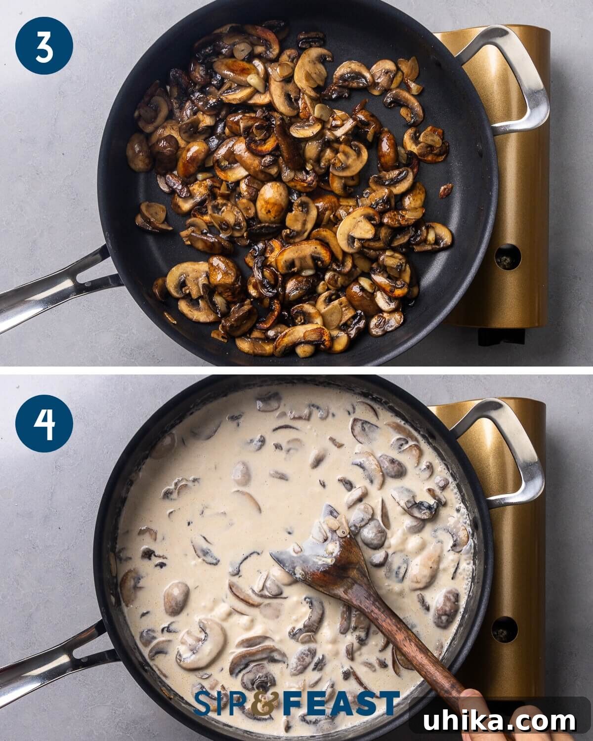Luscious Garlic Mushroom Pasta 6 Collage of recipe process shots: browning the mushrooms, then adding cream and cheese to the pan.