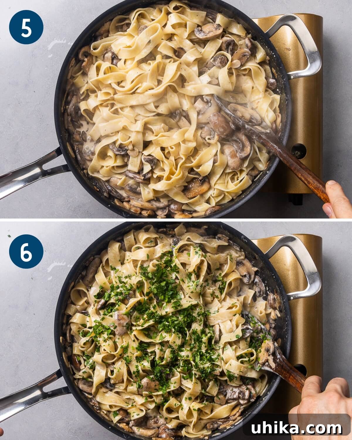 Luscious Garlic Mushroom Pasta 7 Collage of recipe process shots: adding the pasta to the pan and mixing in fresh parsley.