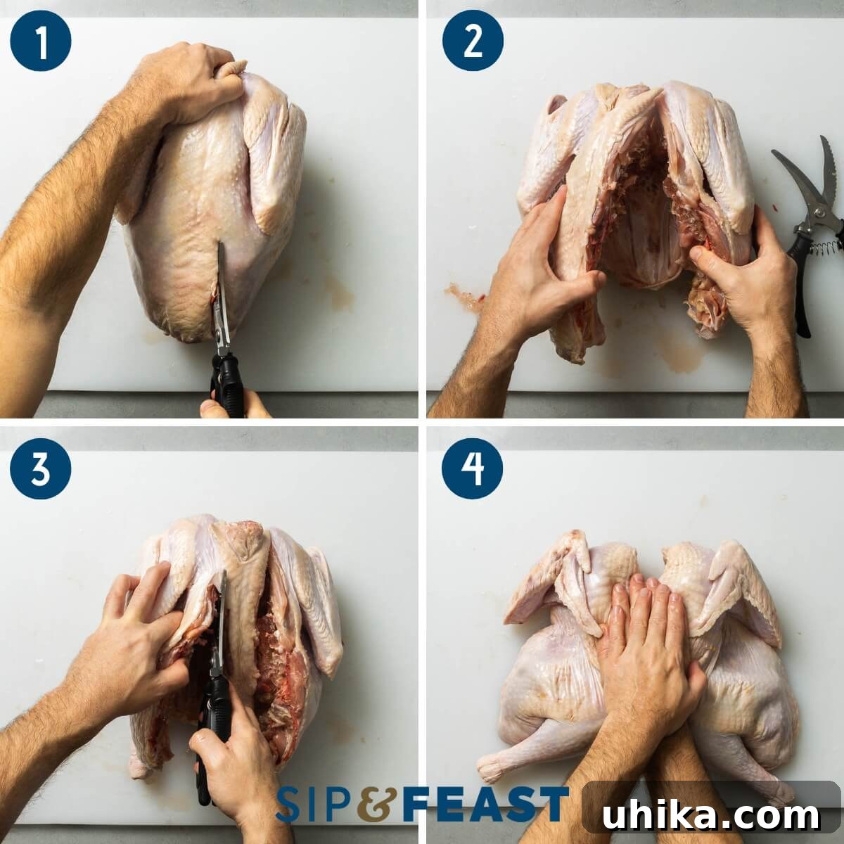 Flatter, Faster, Flawless: The Spatchcock Turkey 4 Spatchcock turkey recipe process collage number one showing cutting out backbone of turkey and flattening it on cutting board.