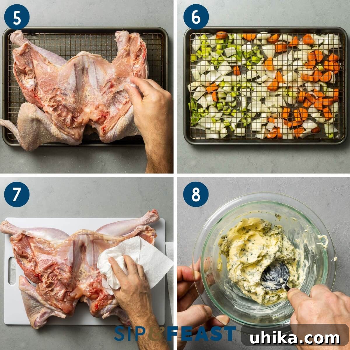 Flatter, Faster, Flawless: The Spatchcock Turkey 5 Recipe collage number two showing dry brining the turkey, laying vegetables on baking sheet, patting turkey dry, and mixing herb butter in glass bowl.