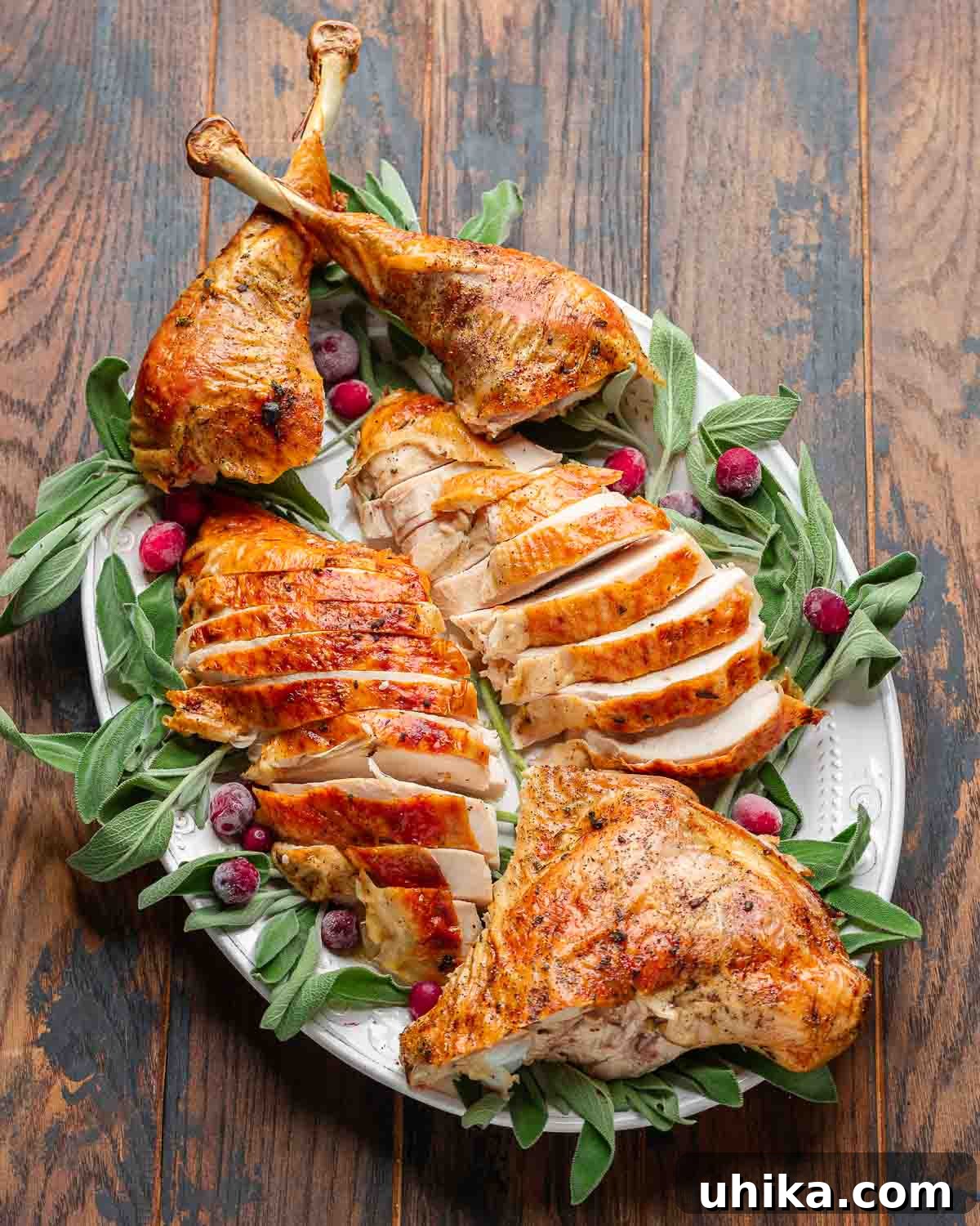Flatter, Faster, Flawless: The Spatchcock Turkey 7 Whole roast turkey sliced on white platter with sage and cranberry garnish.