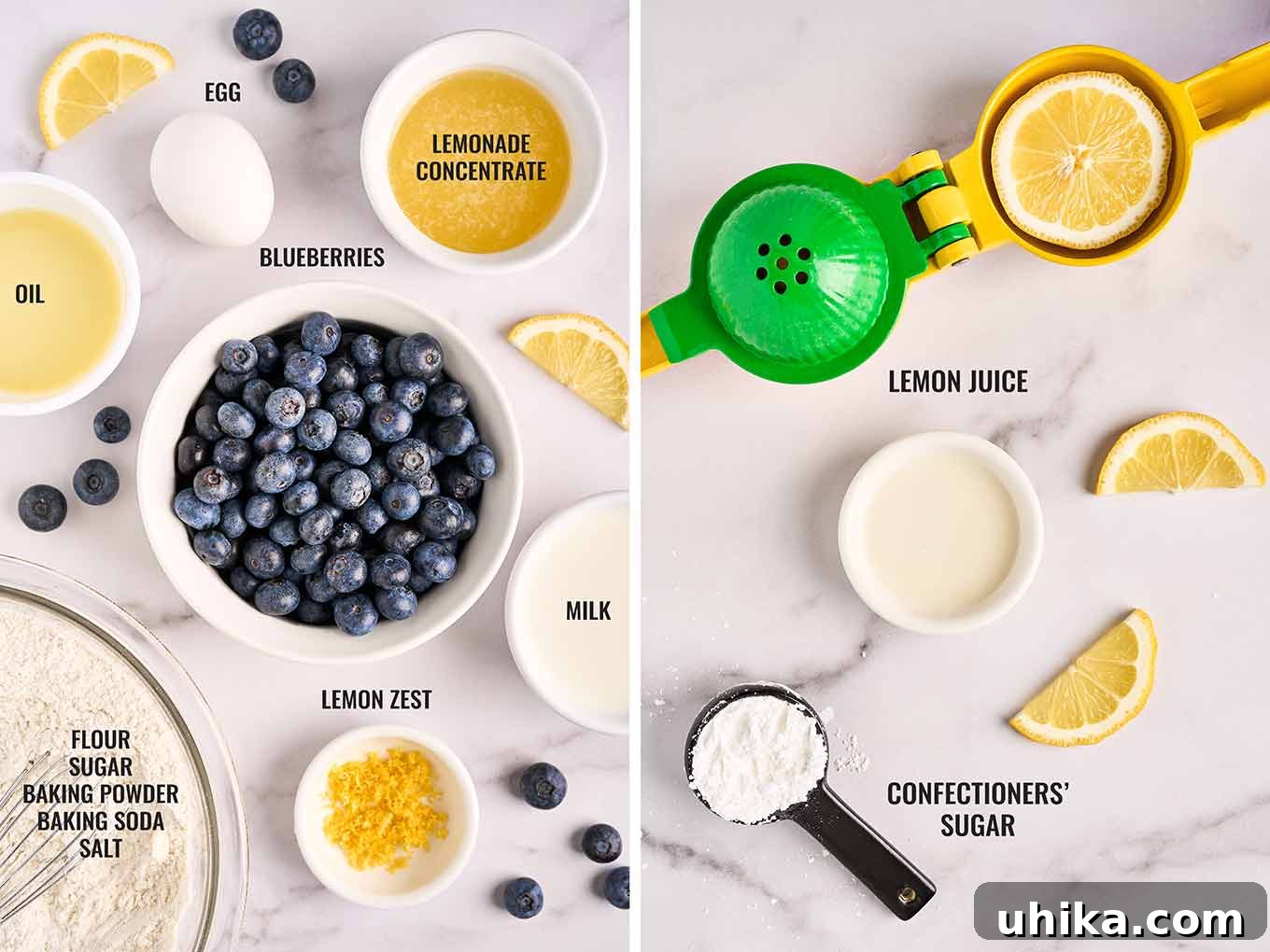 Luscious Lemon Blueberry Loaf 3 All the essential ingredients for making a delicious lemon blueberry loaf cake, neatly arranged on a white marble background. This includes vibrant fresh blueberries, bright yellow lemons, a can of lemonade concentrate, flour, sugar, and baking essentials, ready for preparation.