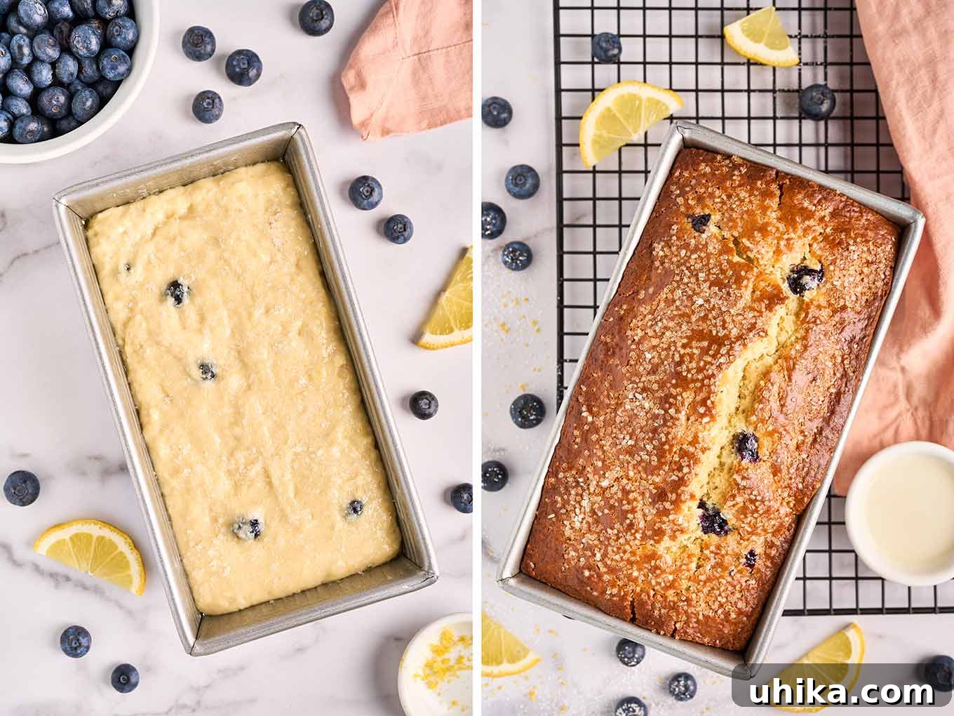 Luscious Lemon Blueberry Loaf 4 A visual guide showing two key stages of baking: on the left, a loaf pan brimming with the vibrant lemon blueberry cake batter, ready for the oven; on the right, the golden-brown baked loaf cake, beautifully topped with coarse sugar, cooling gracefully on a wire rack.
