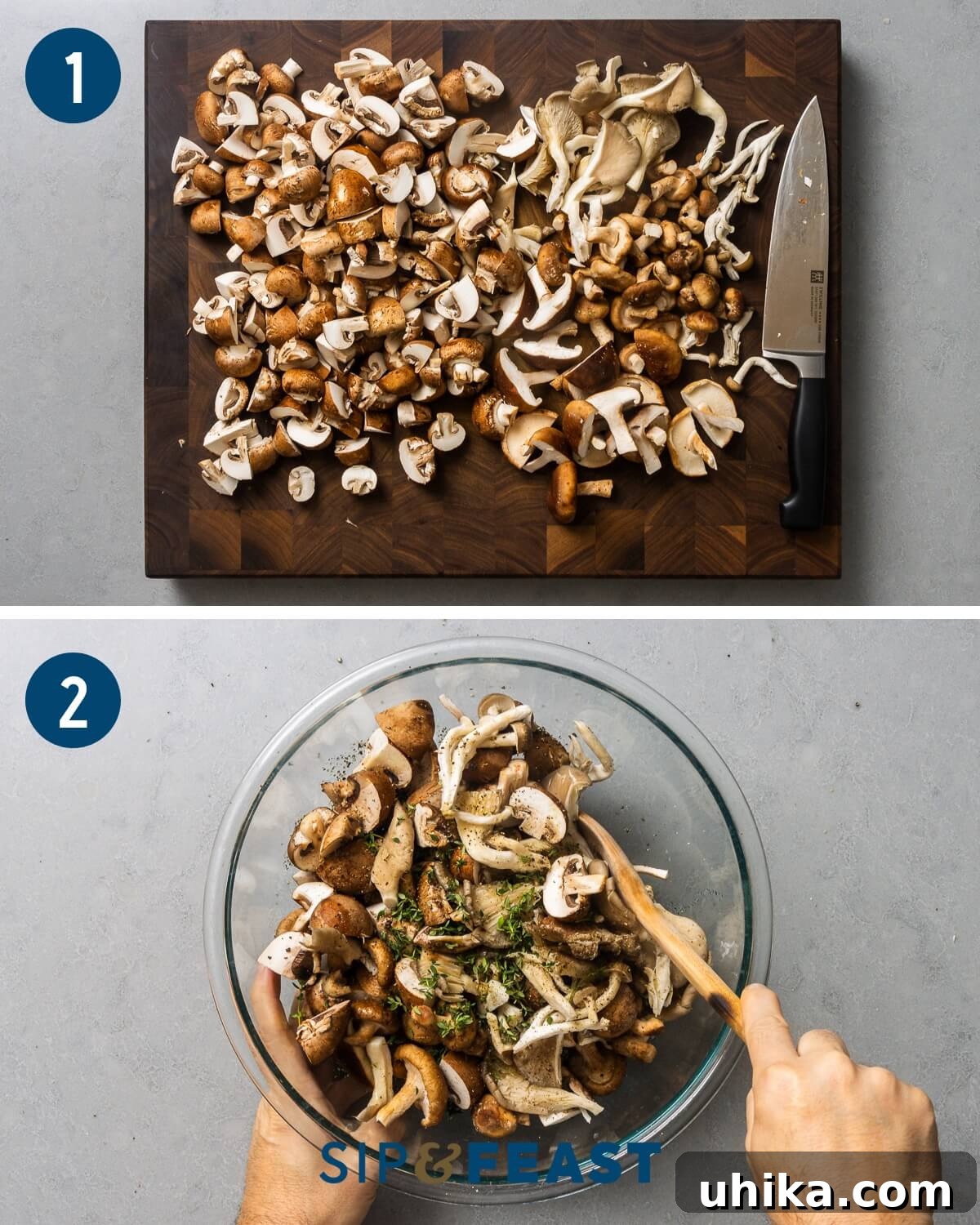 Golden Roasted Mushrooms 4 Roasted mushrooms recipe process collage group one showing cut assorted mushrooms and mixing them in a bowl with seasonings.