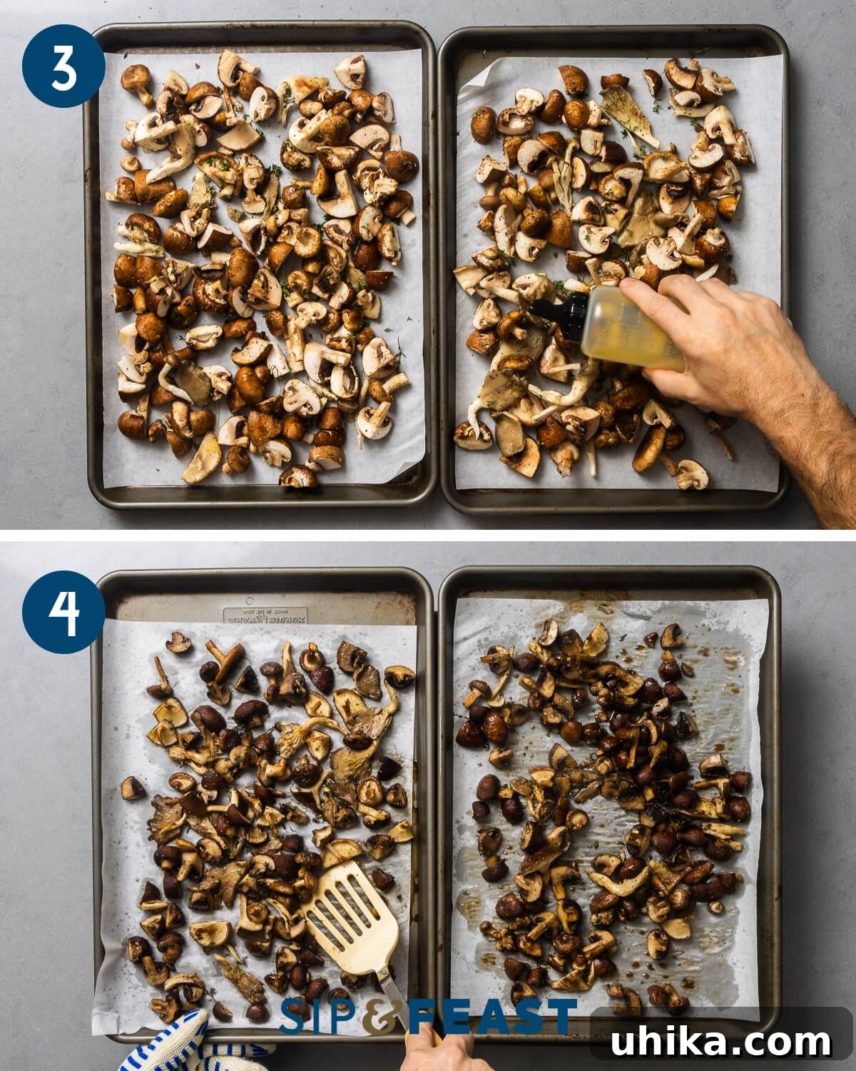 Golden Roasted Mushrooms 5 Recipe collage number two showing laying of mushrooms on parchment paper lined baking sheets and flipping the mushrooms after 15 minutes of cooking.