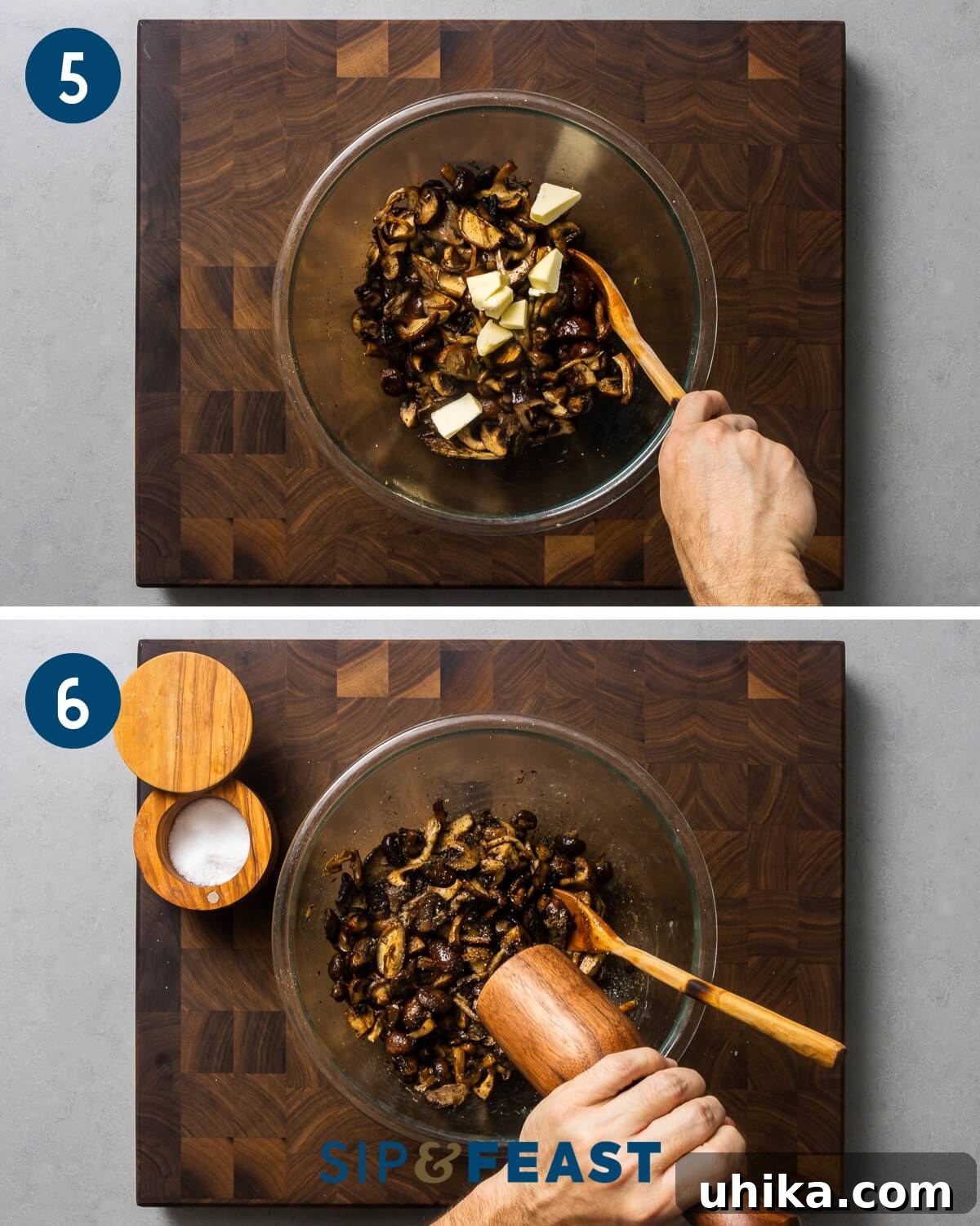 Golden Roasted Mushrooms 6 Recipe collage number three showing mixing the roasted mushrooms with butter and doing final seasoning before serving.