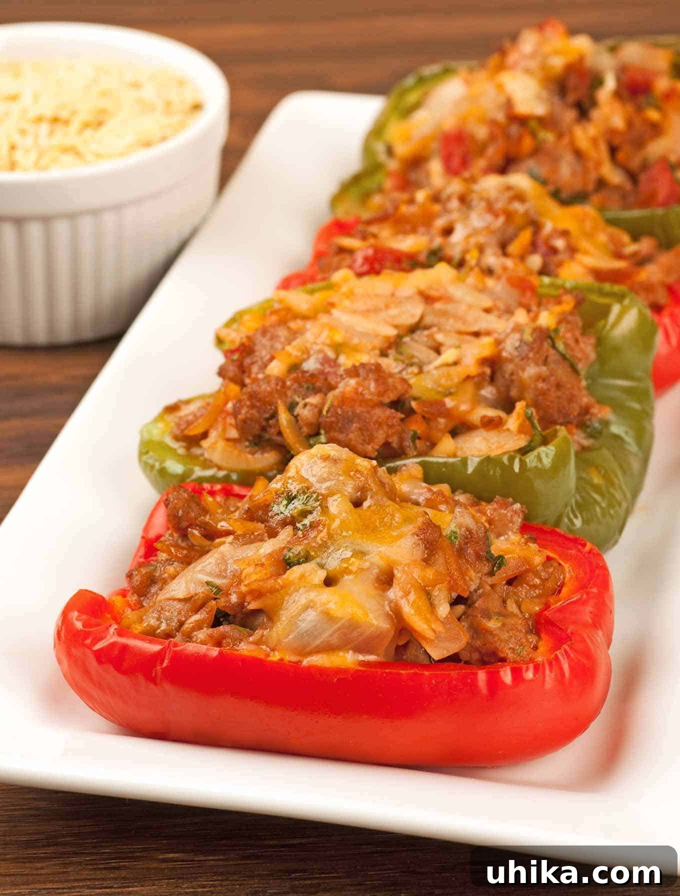 Hearty Turkey Sausage & Orzo Pepper Boats 2 Turkey sausage and orzo stuffed bell peppers baked with melted cheese, served on a rectangular white platter.