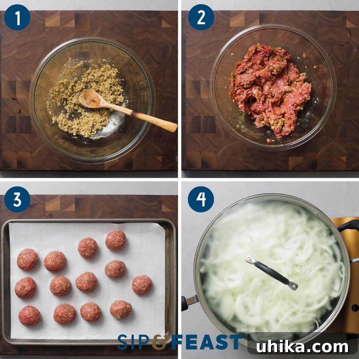 Bistro French Onion Meatballs 4 First recipe collage: showing the mixing of meatball ingredients in a glass bowl and the initial stages of sauteing thinly sliced onions in a large pan.