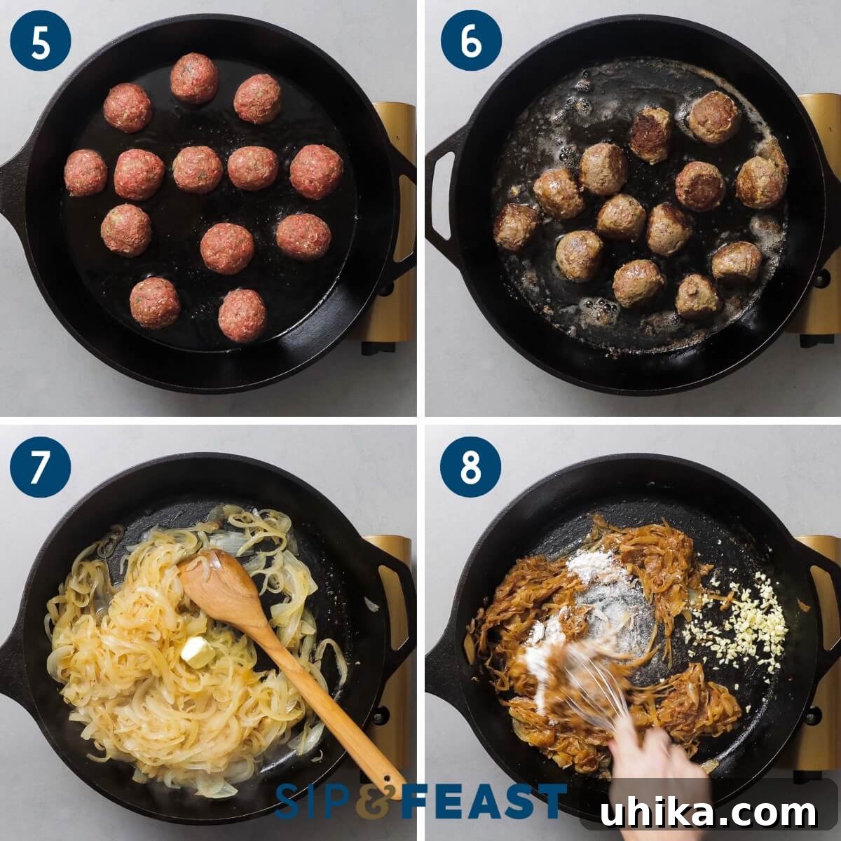 Bistro French Onion Meatballs 5 Second recipe collage: illustrating the process of frying meatballs to a golden brown, the deep caramelization of onions, and the addition of minced garlic and flour to the developing sauce.