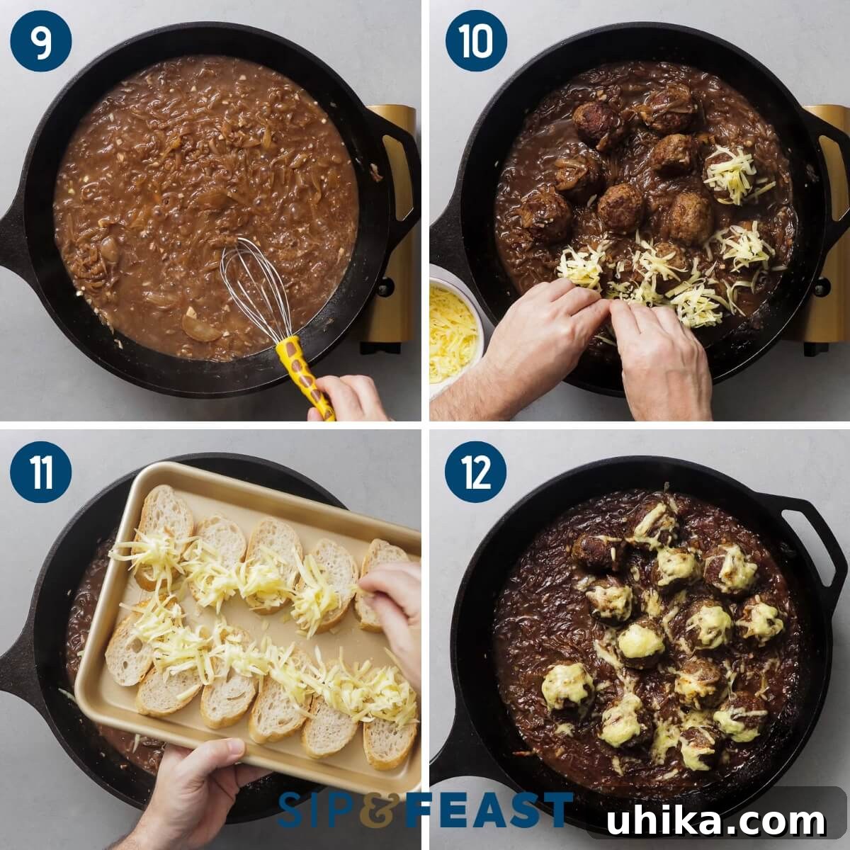 Bistro French Onion Meatballs 6 Third recipe collage: detailing the addition of red wine and chicken stock to create the sauce, carefully placing meatballs and Swiss cheese into the pan for baking, preparing cheesy baguette slices, and the final presentation of cooked French onion meatballs in a cast iron pan.
