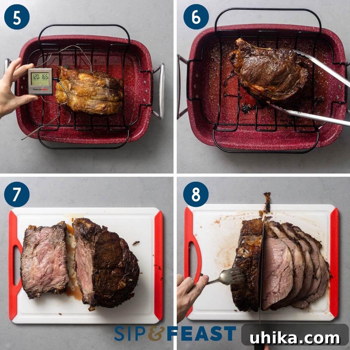 Tender Prime Rib with Rich Beef Drippings 4 Recipe collage group two showing roasted prime rib at 120f, searing of roast with tongs, removing string, and slicing the roast.