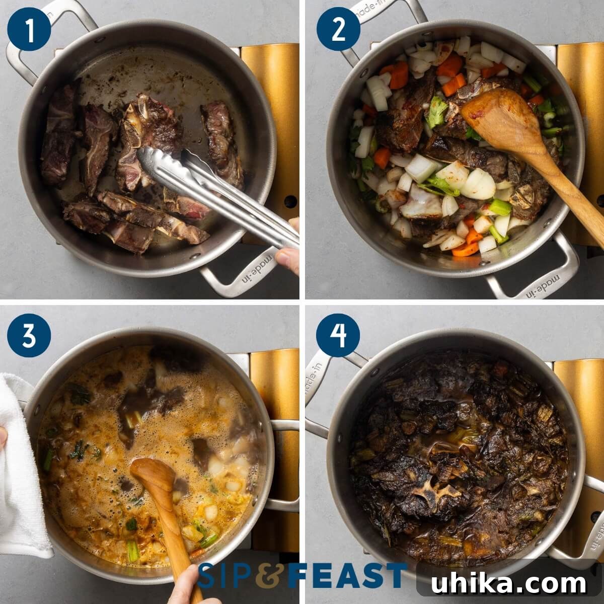 Tender Prime Rib with Rich Beef Drippings 5 Au jus process collage group one showing searing of beef bones, sauteing vegetables, bringing to boil, and pot after three hours of simmering.