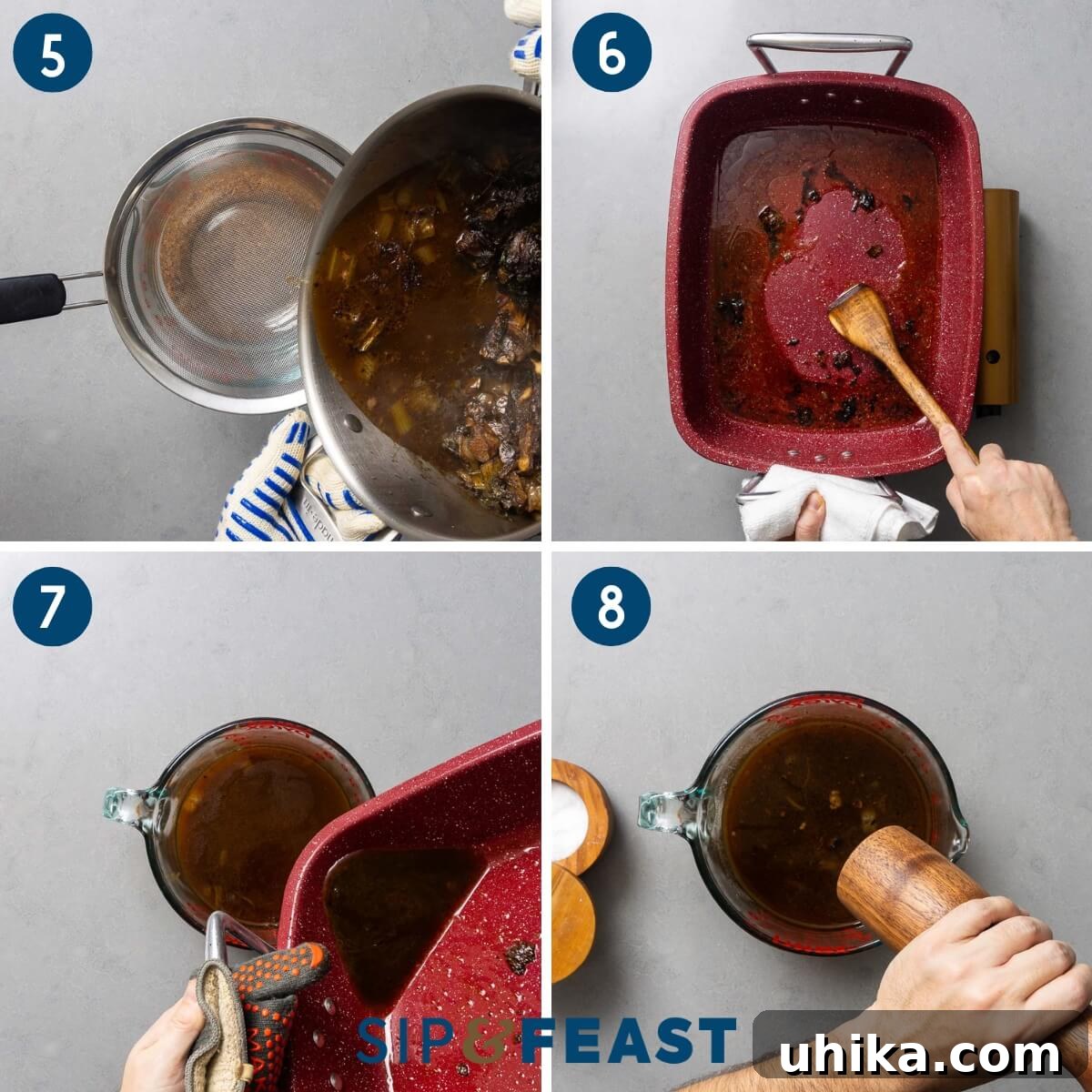 Tender Prime Rib with Rich Beef Drippings 6 Collage two showing straining of au jus into bowl, deglazing roasting pan, adding deglazed liquid bowl of au jus, and seasoning to taste.