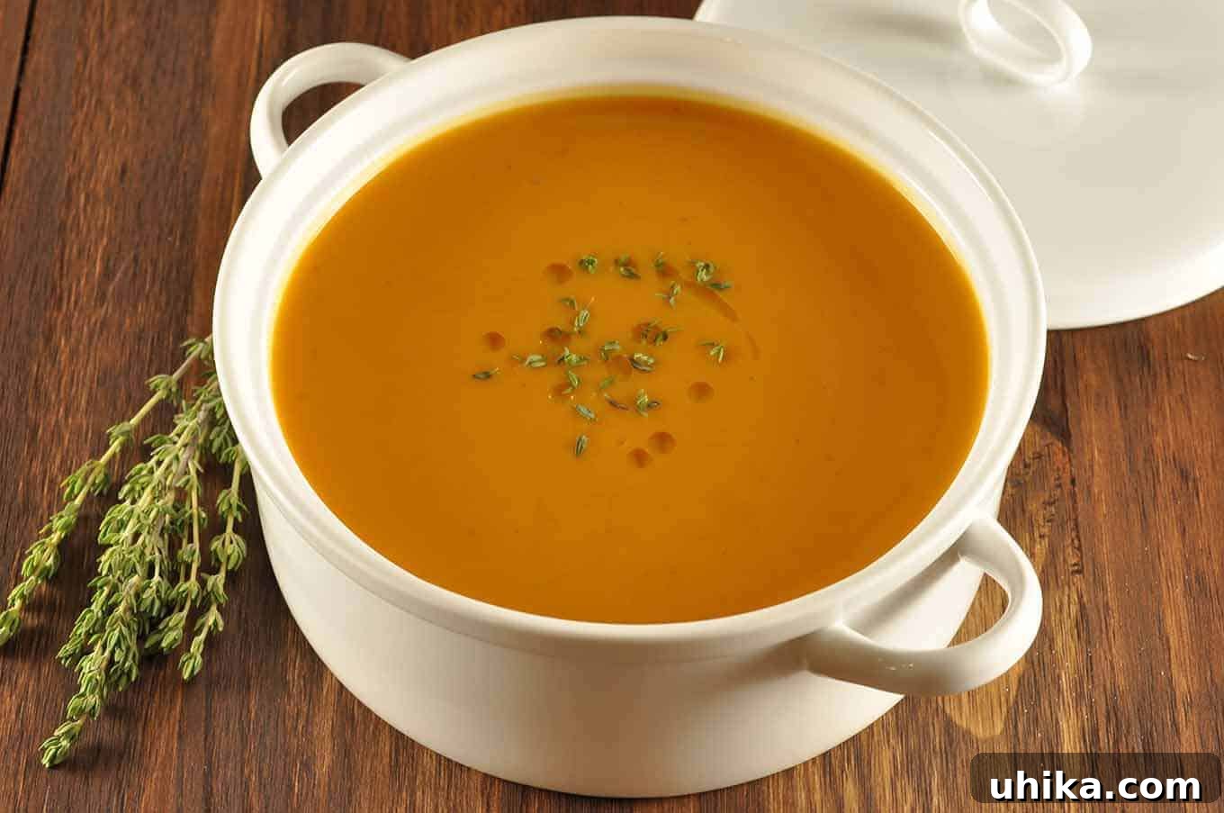 Velvety Roasted Butternut Chestnut Soup 2 White ceramic bowl filled with smooth roasted butternut squash and chestnut soup, garnished with fresh thyme on top.