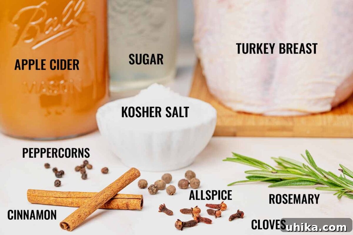 Sweet & Savory Apple Cider Turkey Breast 3 A labeled photo of the ingredients for apple cider brined turkey breast; turkey, kosher salt, cider, sugar, spices, and sprigs of rosemary.