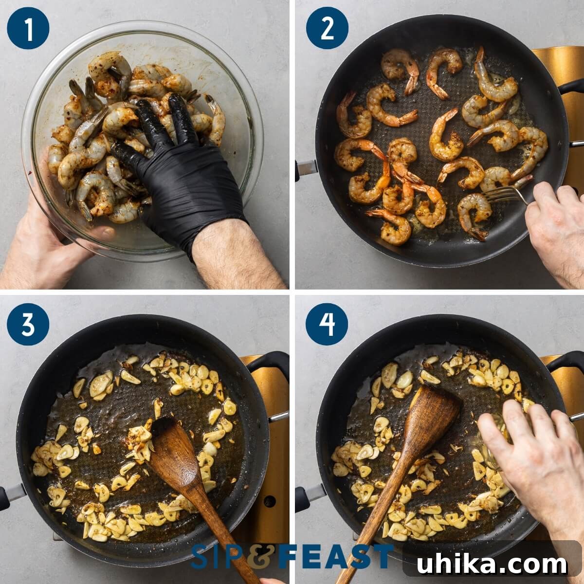 Fiery Fra Diavolo Shrimp Linguine 4 Shrimp fra diavolo recipe process collage group one showing seasoning shrimp, sauteing shrimp in pan, sauteing garlic, and adding wine.