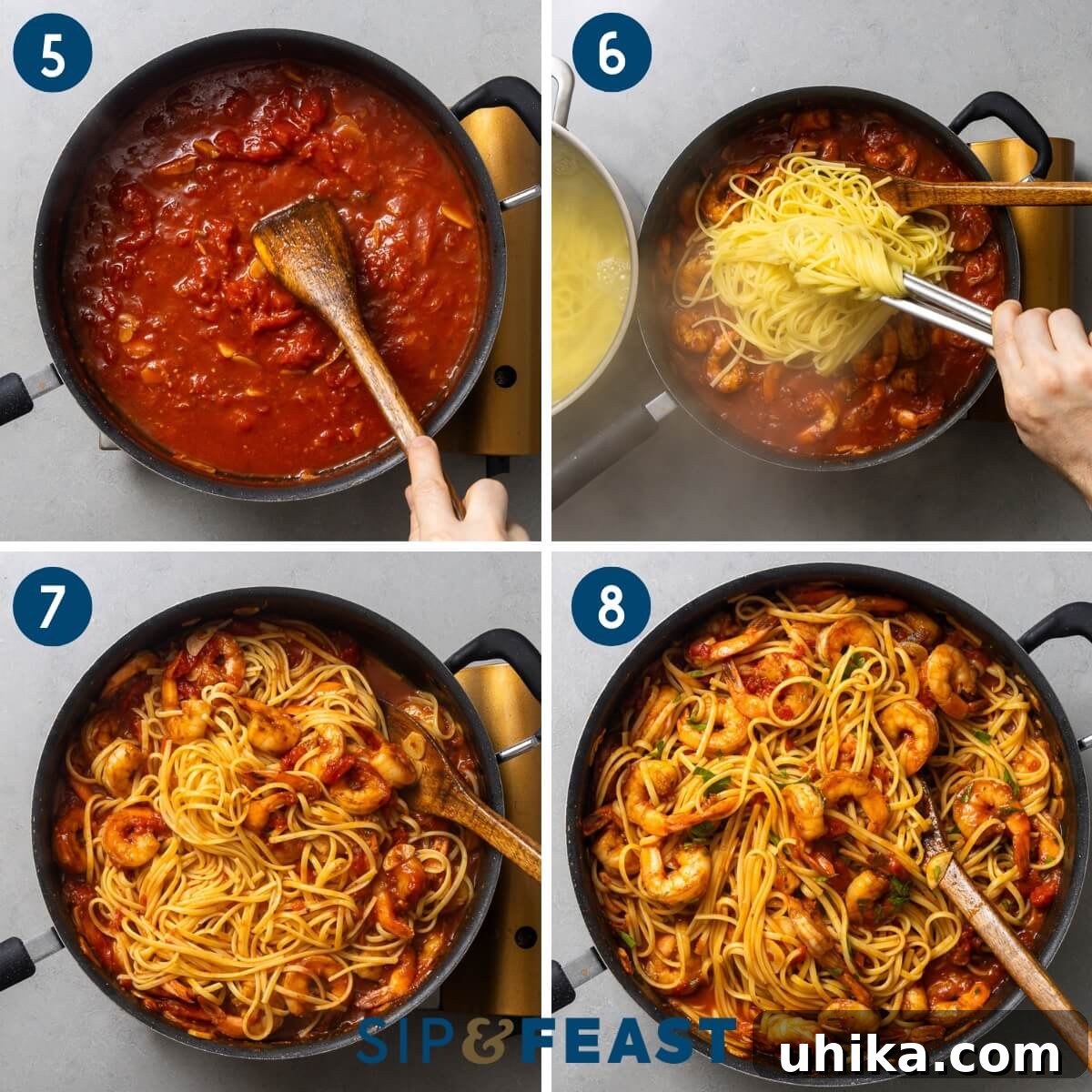 Fiery Fra Diavolo Shrimp Linguine 5 Recipe collage two showing mixing sauce, adding linguine to sauce, and tossing pasta.