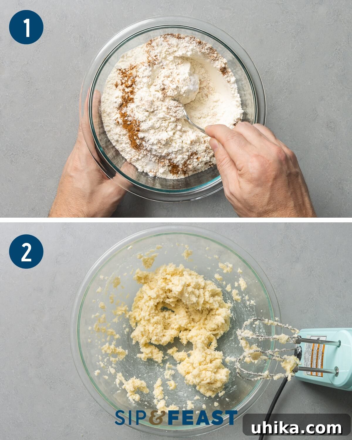 Melt In Your Mouth Fluffy Snickerdoodles 4 Snickerdoodle recipe collage group number one showing mixing of dry ingredients in small bowl and creaming of butter and sugar in large bowl.