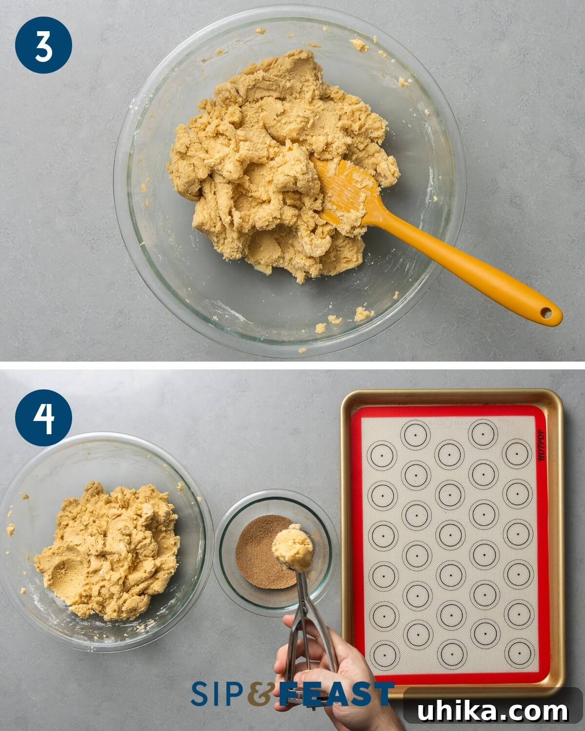 Melt In Your Mouth Fluffy Snickerdoodles 5 Recipe collage two showing mixed dough in large bowl and scooping dough out of large bowl with cookie scoop.