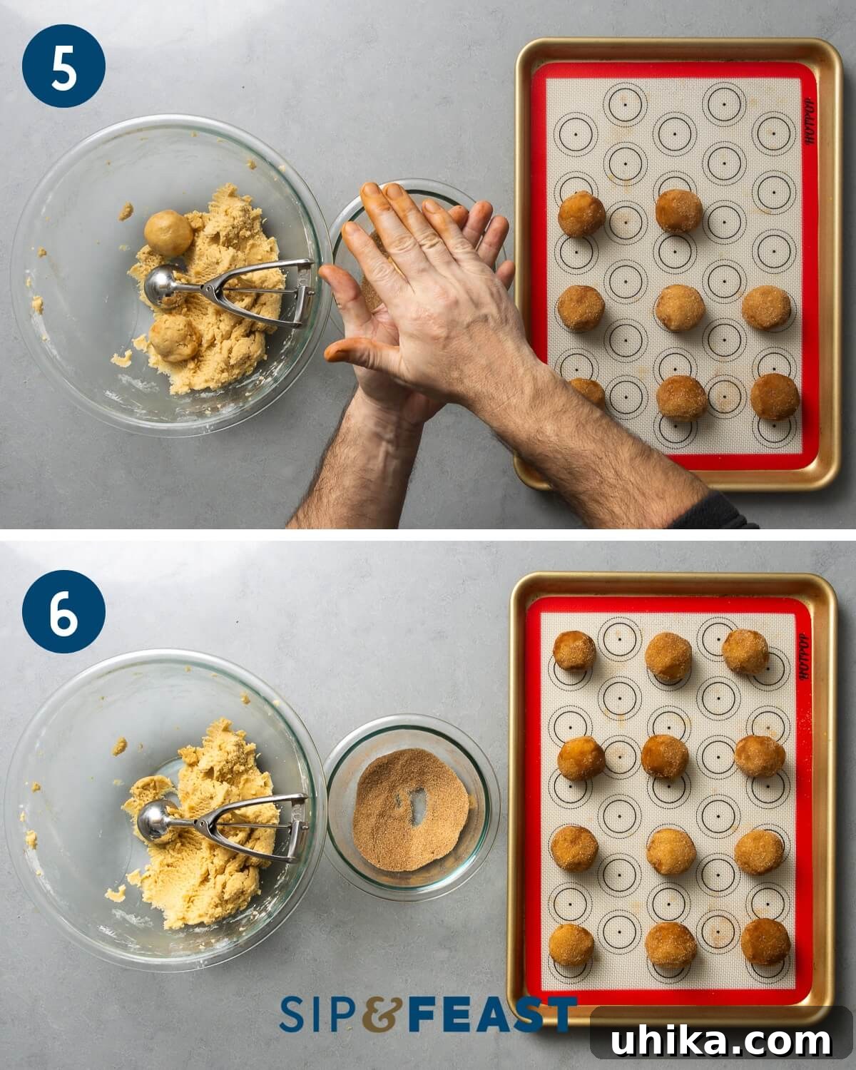 Melt In Your Mouth Fluffy Snickerdoodles 6 Recipe collage three showing rolling of dough balls and coating of balls in cinnamon sugar and placing onto silicon lined baking sheet.