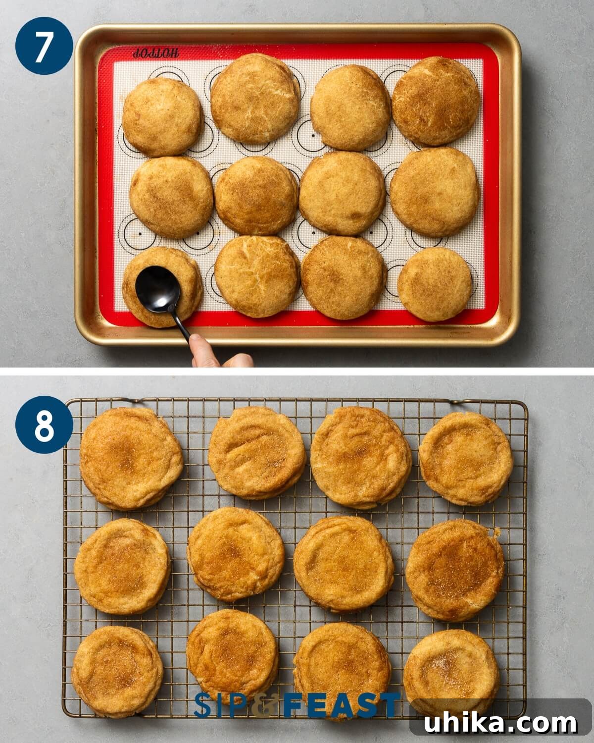 Melt In Your Mouth Fluffy Snickerdoodles 7 Recipe collage four showing flattening of cookies with back of spoon and baked cookies cooling on wire rack.