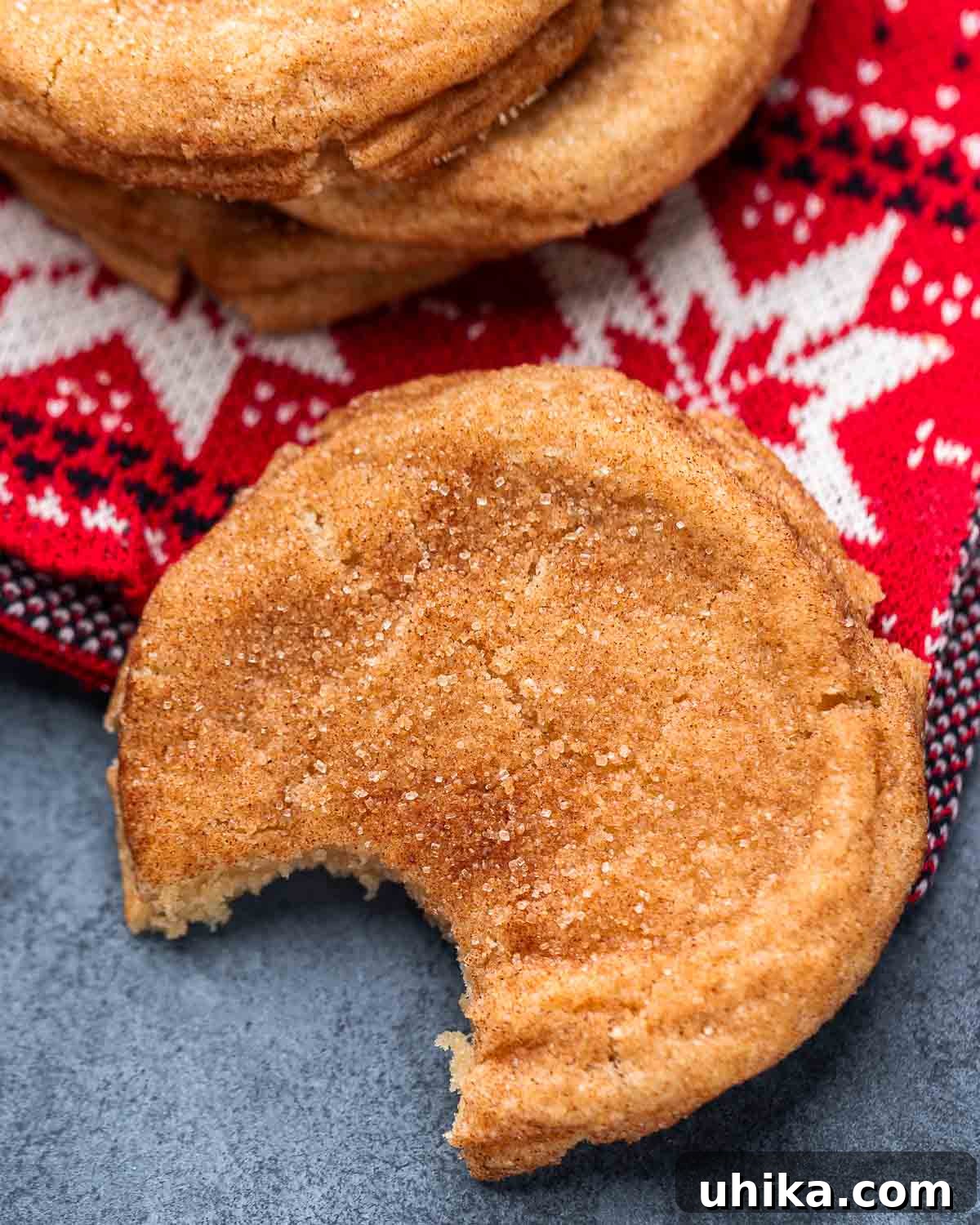 Melt In Your Mouth Fluffy Snickerdoodles 9 Snickerdoodle with large bite taken out of it on red napkin and blue board.